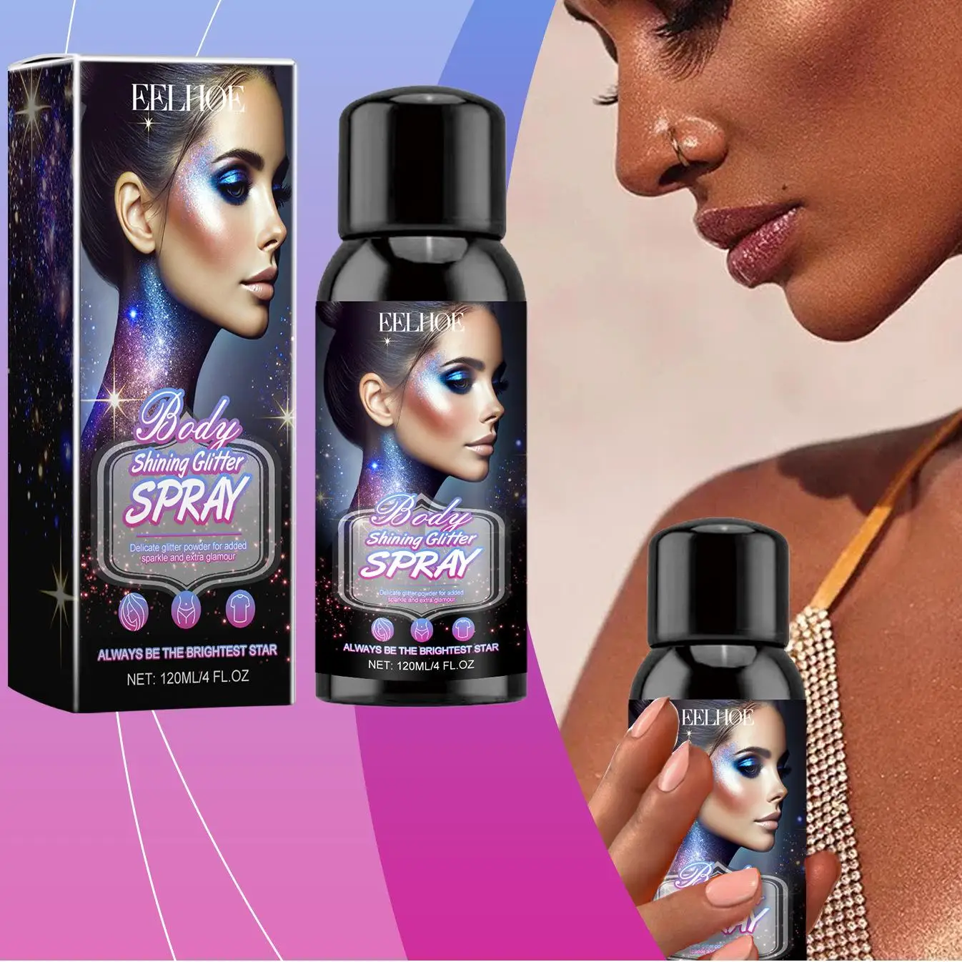 Eelhoe 120 مللي مسحوق لامع رذاذ سطع الجسم تسليط الضوء على الطبيعية تألق عيد الميلاد السنة الجديدة حفلة دائم متوهجة الجسم مسحوق #1