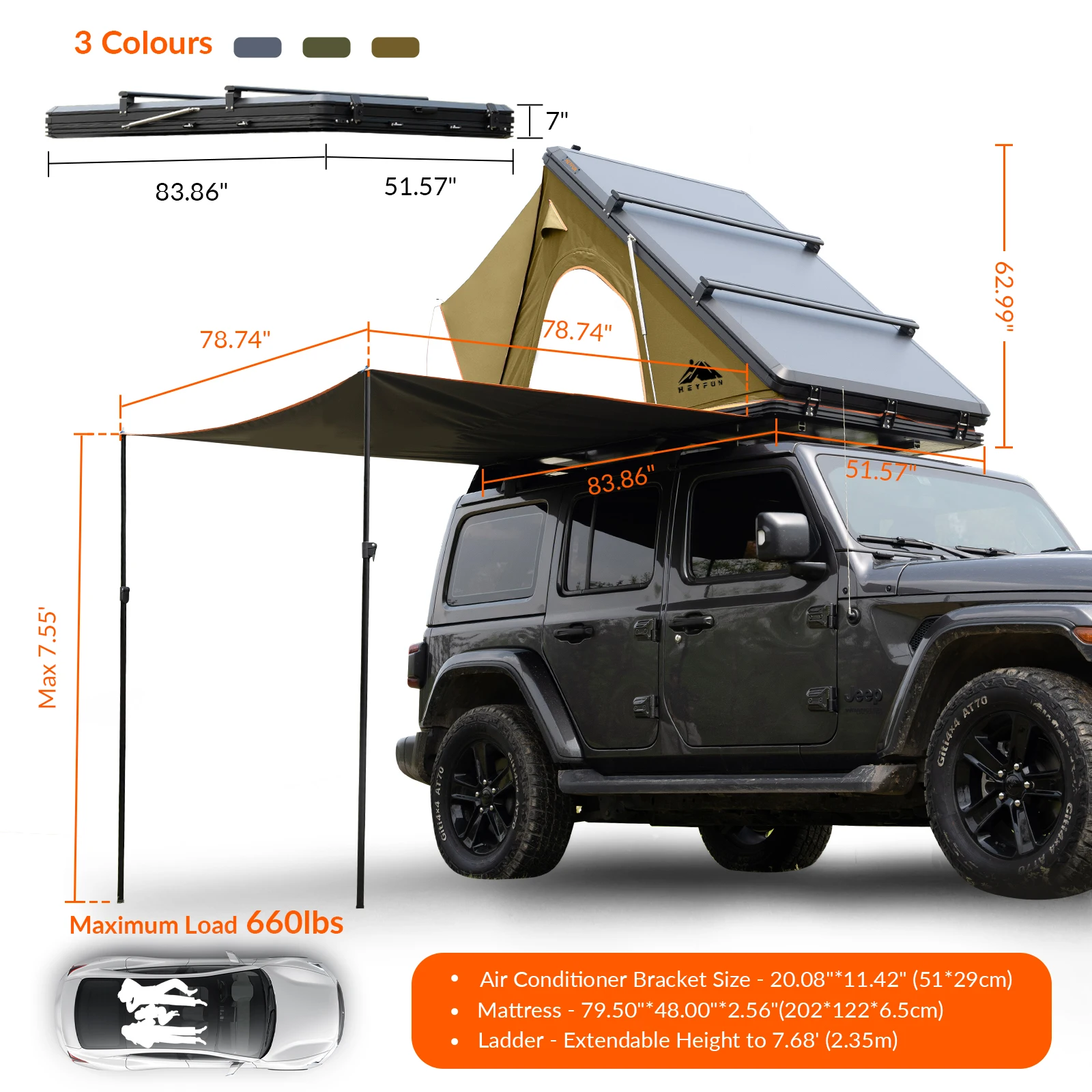 Explorer Plus Rooftop Tent Hardshell with Side Awning, Air Conditioner Outlet with Bracket & Replaceable Netting Rain Flies