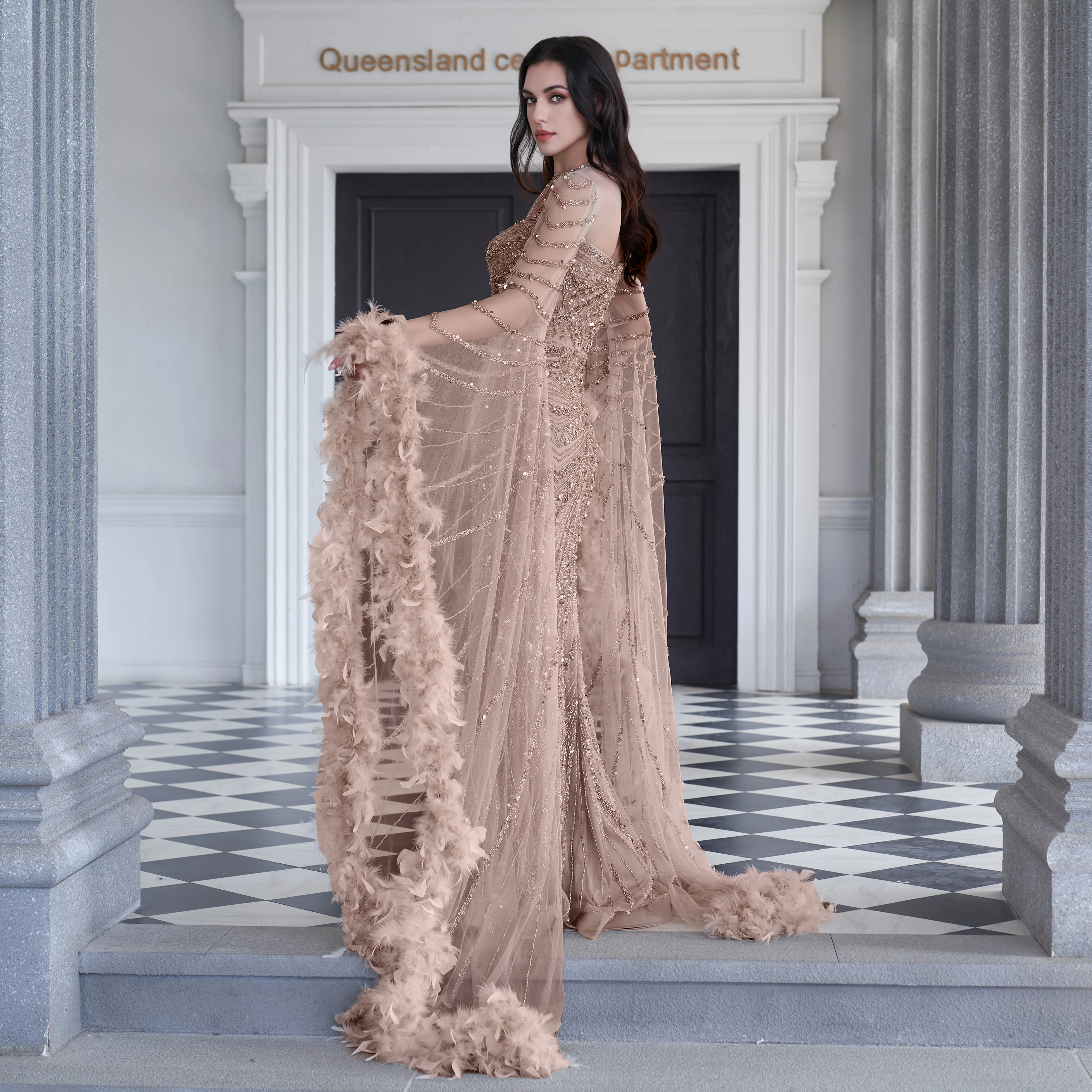 Alice CollectionPro 2025 Luxury Evening Dresses Gowns with Feather Cape Sleeves Night Dress for Formal Wedding Party Customized