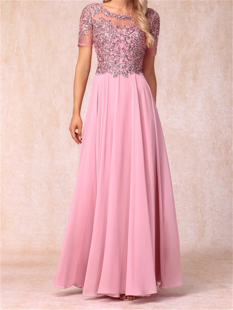 A-Line Chiffon Long Prom Dresses With Sequins & Appliques Sheer Neck Short Sleeves Elegant Evening Formal Dress For Mother