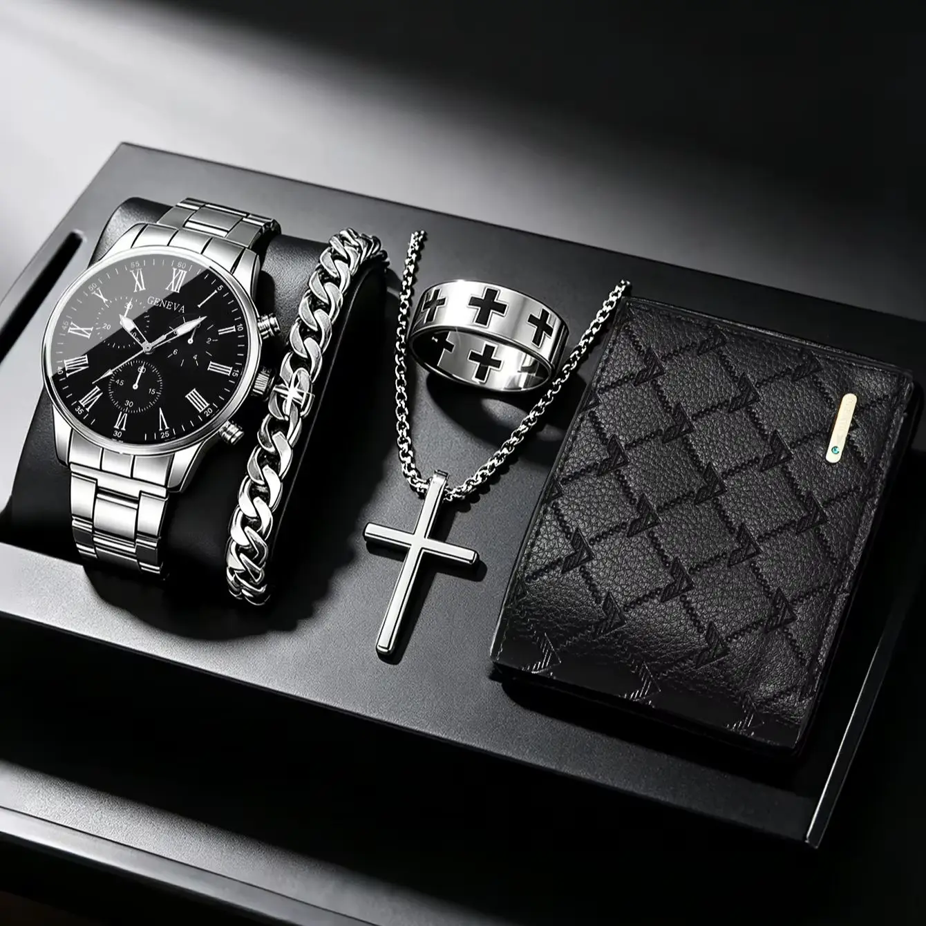 5-Piece Set of Men's Fashionable Casual Roman Numeral Quartz Watches with Wallet and Accessory Series, Suitable for Parties, Birthdays, and Other Occasions, the Best Gift Choice.