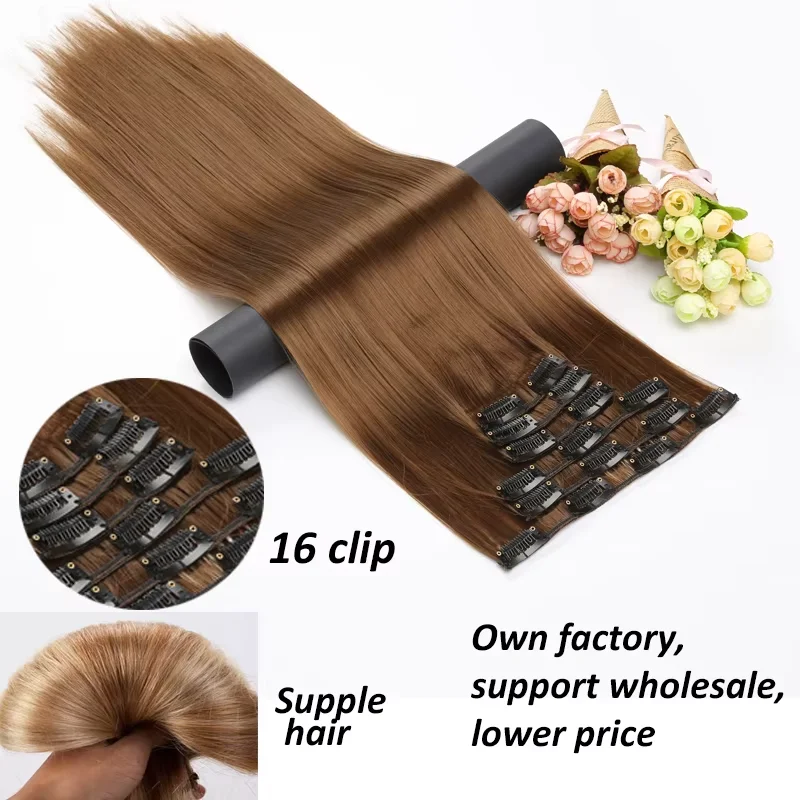 Synthetic Clip Hair Extensions Straight Multi Pieces Set Gold Highlighted Mixed Colors for Women