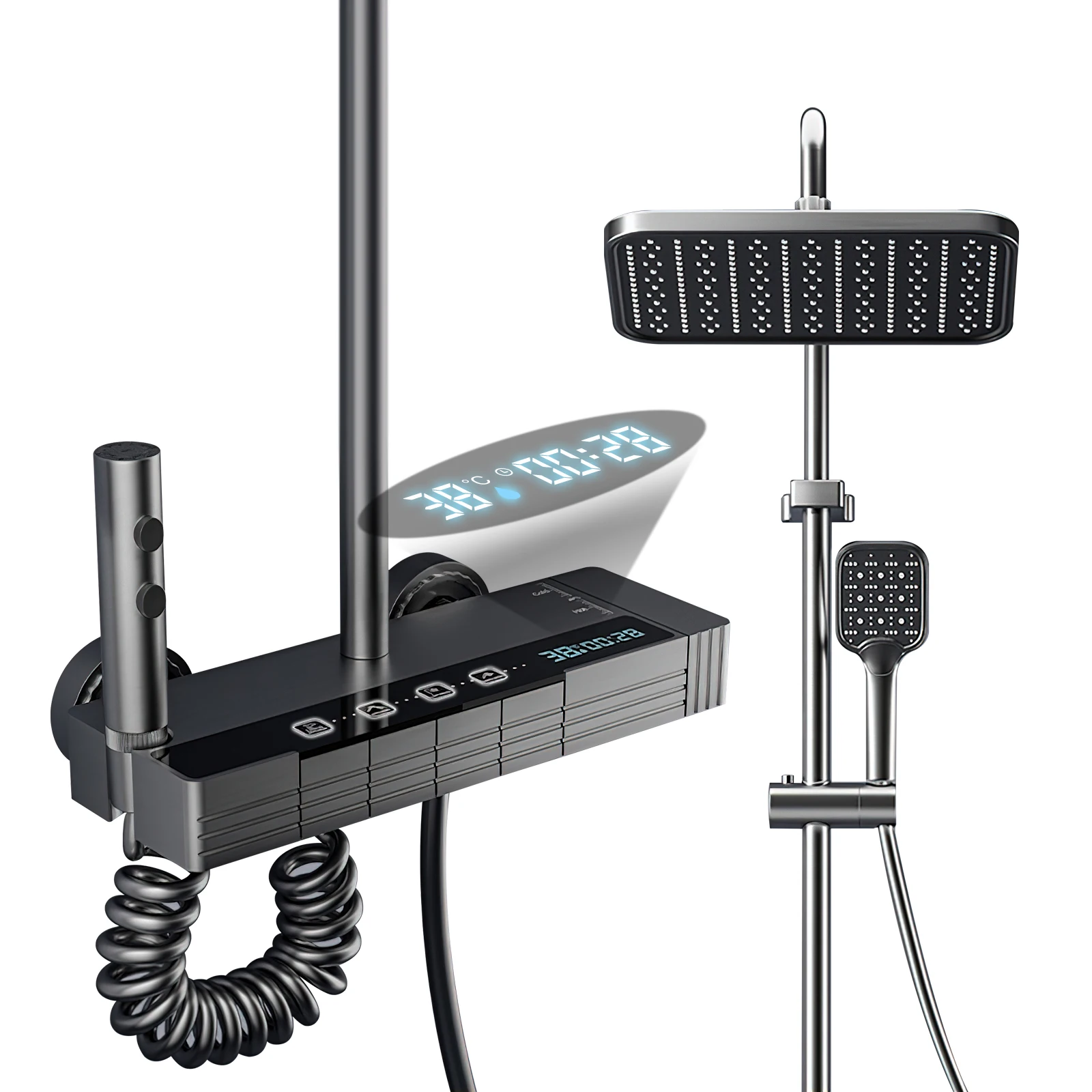 Intelligentes Duscharmatur-Set mit Ambientelicht + Digitalanzeige, Klaviertasten-Schalter, Mehrfach-Wassersprühmodi, Hochleistungs-Kupfer-Duschkopf, Graues Regenduschsystem, Badezimmerzubehör