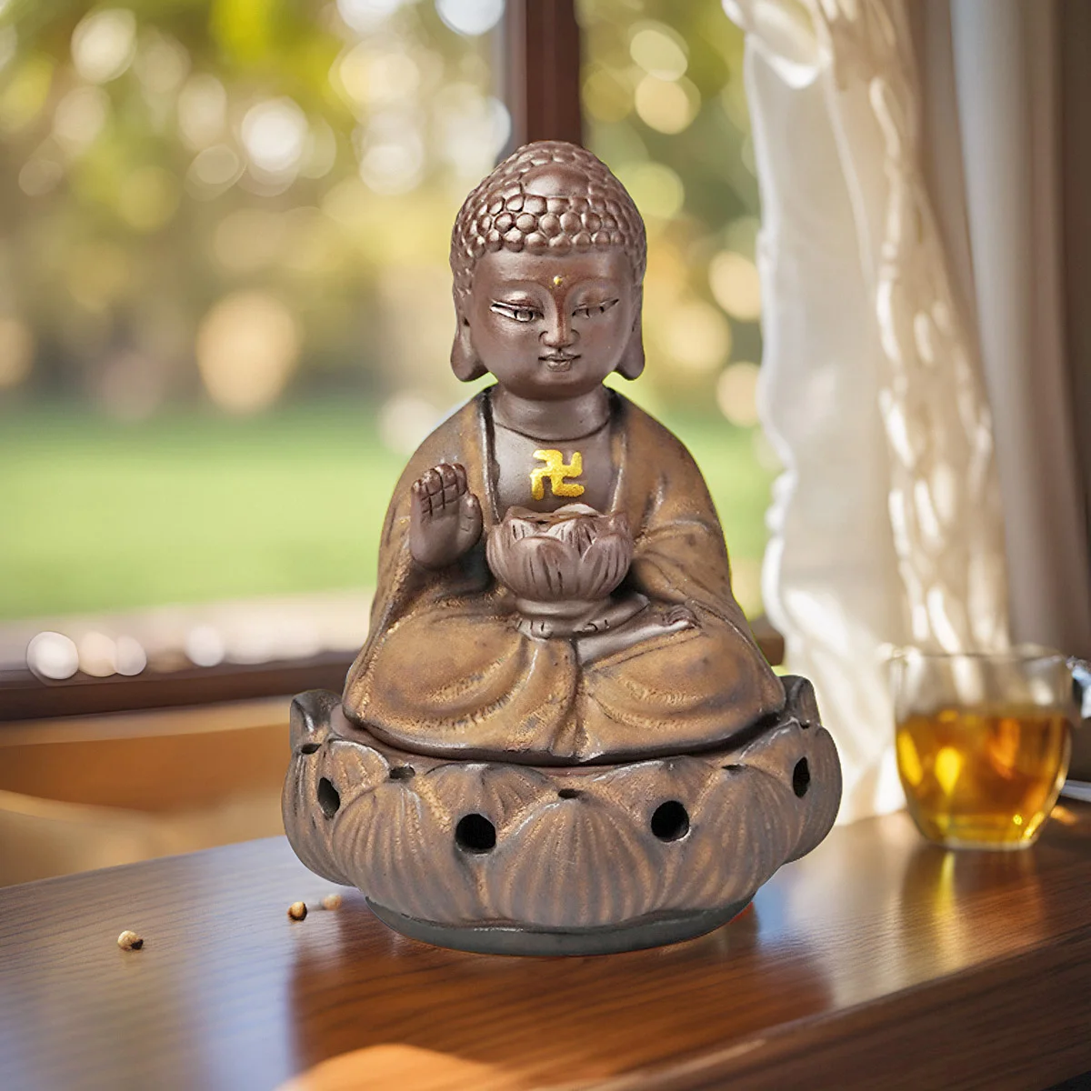 Zen Buddha Incense Burner  with Fireproof Mat 12cm Handcrafted Coarse Ceramic Home Decor for Mindfulness