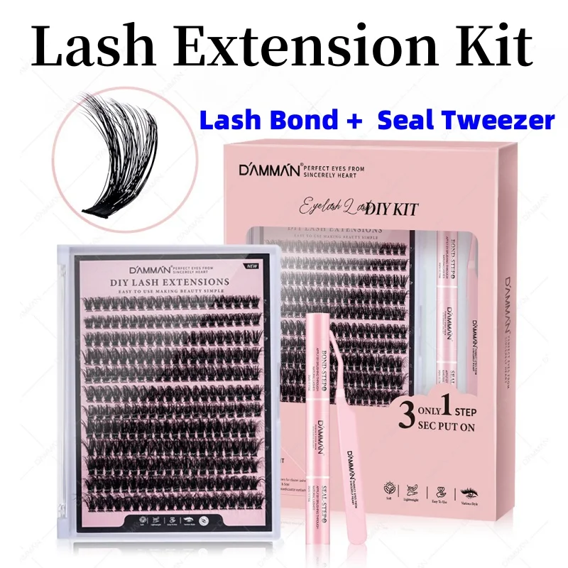 DAMMAN-Individual Lash Cluster Kit, 240 Cluster, Mistura 50D, Strong Hold Bond, Seal Pinça, Extensão