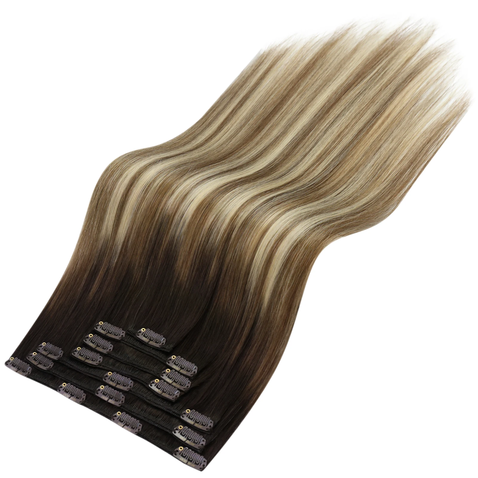 Moresoo Clip in Human Hair Extensions Natuurlijke Machine Remy Zijdeachtige Rechte Dubbele Inslag Balayage Ombre Haar Clips Extensions - afbeelding 2