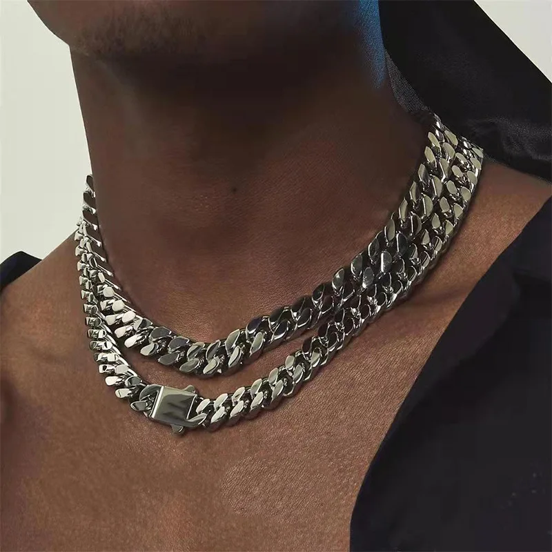 ULJ Punk Miami Cuban Link Men Hip Necklace 316L Stainless Steel Hip-Hop Female Male Bracelet Chain Ice Out Waterproof Jewelry