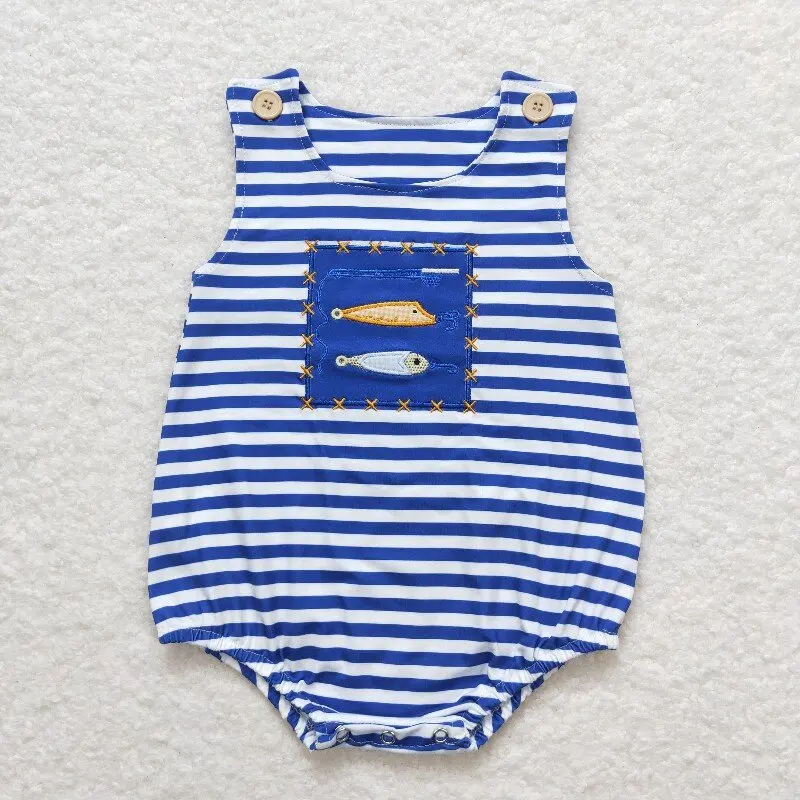 

X12.16 SR3333 Комбинезон для мальчиков оптом с вышивкой для рыбалки в сине-белую полоску Комбинезон