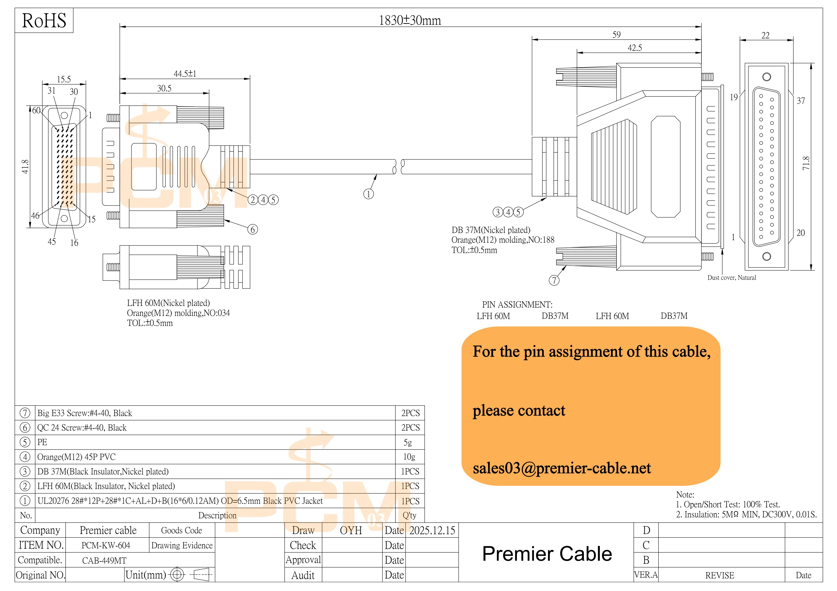 Cisco Compatible CAB-449MT DTE RS-449 HD60 LFH60 Male to DB37 Plug Cable 72-0795-01 for 7000, 4000, 2500 Router Server