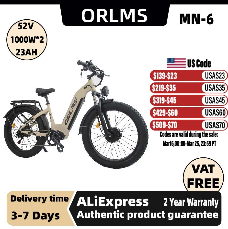 

ORLMS MN-6 Adult E-bike 26-inch All-terrain fat tire E-Mountain bike 1000W*2 motor 52V 23Ah battery Electric Bike