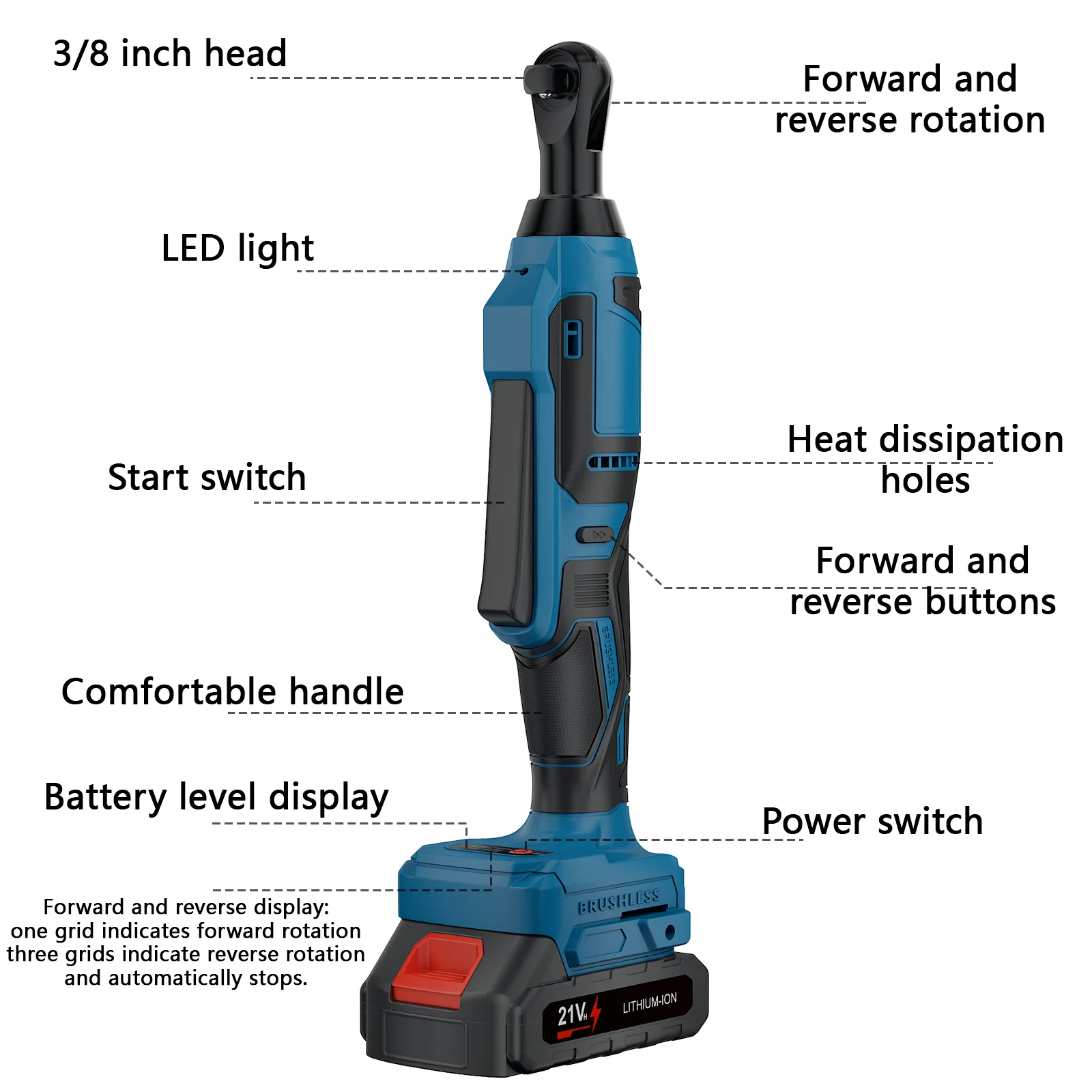 21V Elektrischer Ratschenschlüsselsatz, 3/8 Zoll Akku-Ratschenset mit 250 Nm, Drehmomentstarke Ratschen mit LED-Licht – Detail 3
