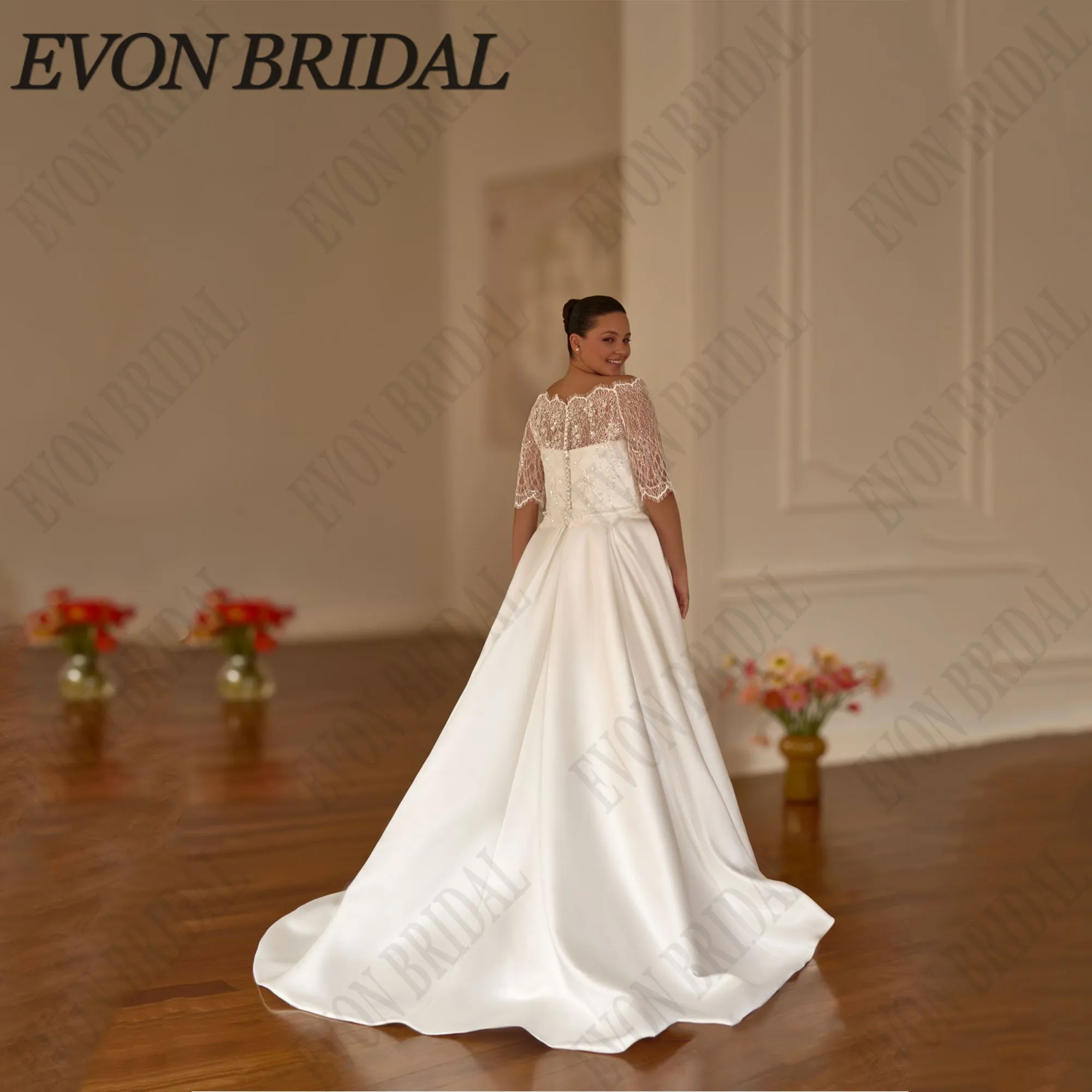 EVON BRIDAL Schatz Angepasst Plus Größe Brautkleider Halbarm A-Line Spitze Braut Kleider Side Split Vestidos De NoviaEVON BRIDAL Schatz Angepasst Plus Größe Brautkleider Halbarm A-Line Spitze Braut Kleider Side Split V