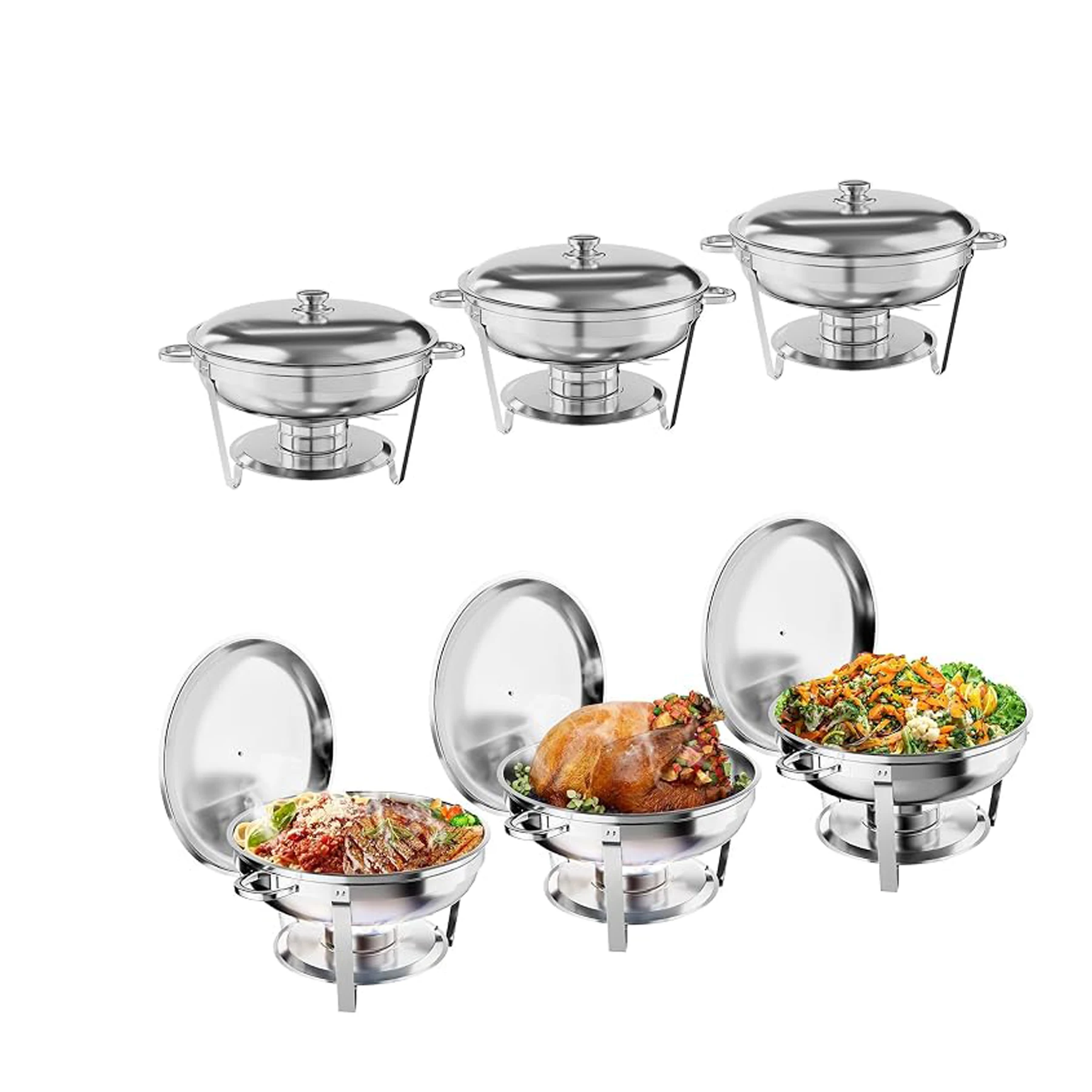 Set da 6 pezzi di scaldavivande per buffet, scaldavivande rotondi in acciaio inossidabile, set di accessori per buffet, scaldavivande con vaschetta per alimenti e acqua, coperchio, struttura e