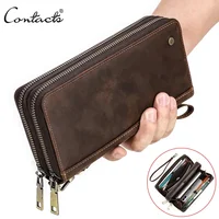 Cartera de cuero genuino para hombre de Contact, bolso de mano, tarjetero, carteras largas, doble cremallera, monederos Vintage de gran capacidad para hombre