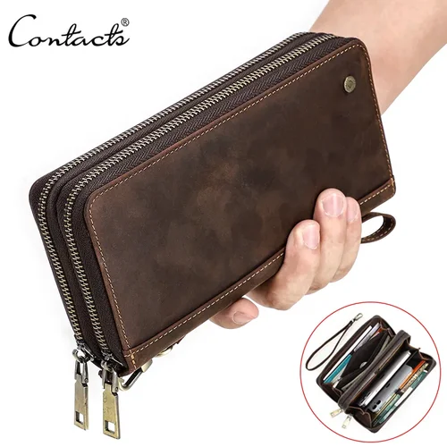 Imagen 1 del producto Cartera de cuero genuino para hombre de Contact, bolso de mano, tarjetero, carteras largas, doble cremallera, monederos Vintage de gran capacidad para hombre