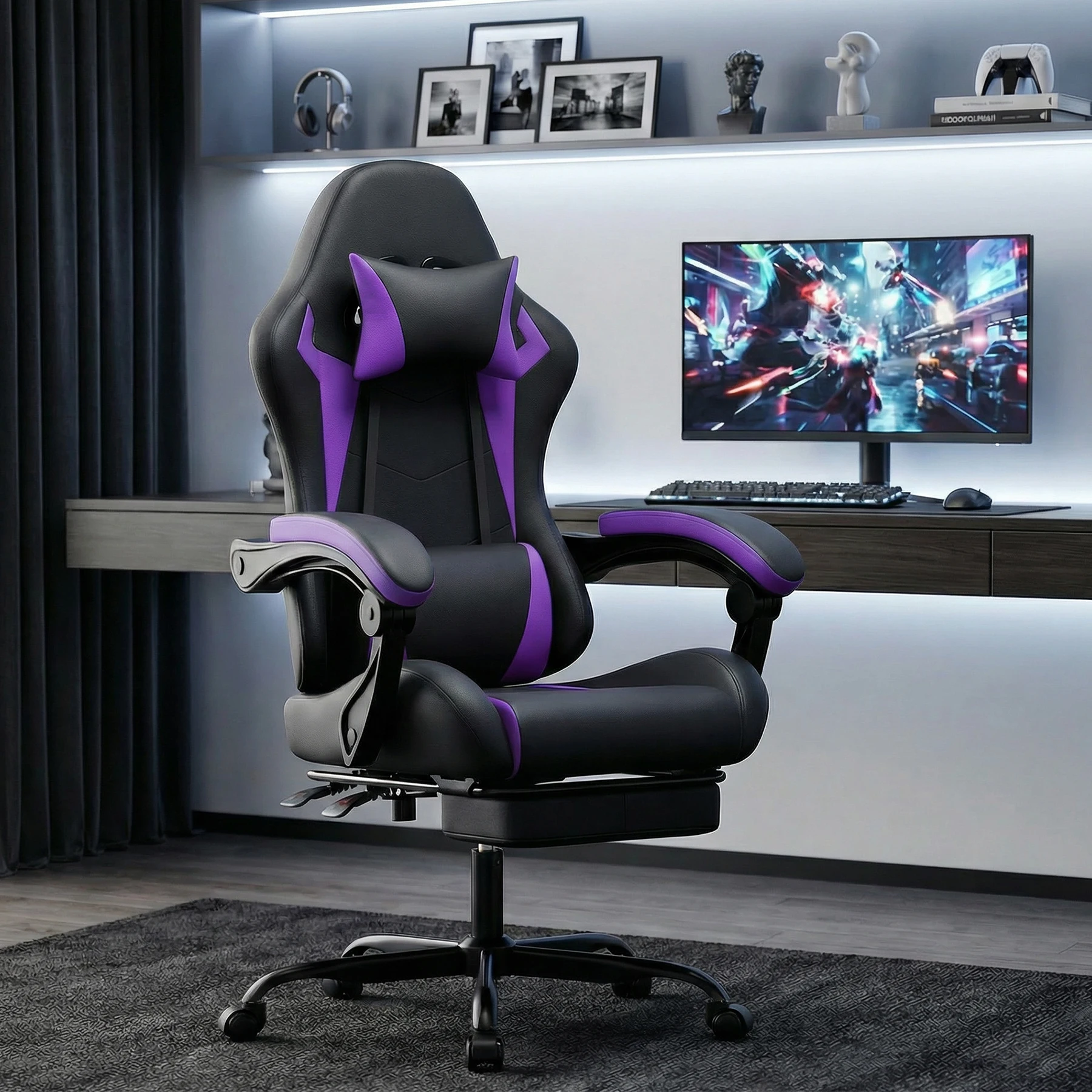 Silla de juego de cuero PU negra y morada, silla ergonómica de estilo racing para computadora con reposapiés, silla de oficina giratoria ajustable en altura con soporte lumbar y reposacabezas para adultos, niños y niñas