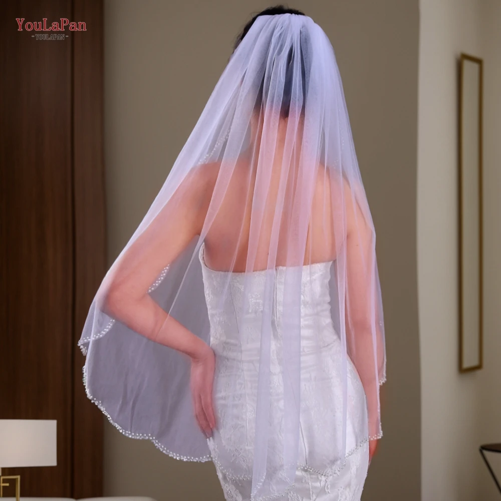 YouLaPan V35 1 Tier Bridal Veils Wedding Crystal Beaded Soft Rainfall Opal Crystal Veil Thin Scallop Pearls Trim Soft Tulle Veil