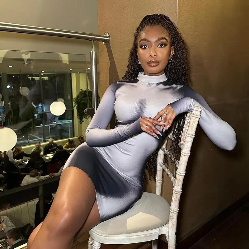 

SKMY Fashion Printed Elegant Tight Fitting Dress Round Neck Long Sleeves Bodycon Party Short Dresses Women Clothing 2025 Autumn
