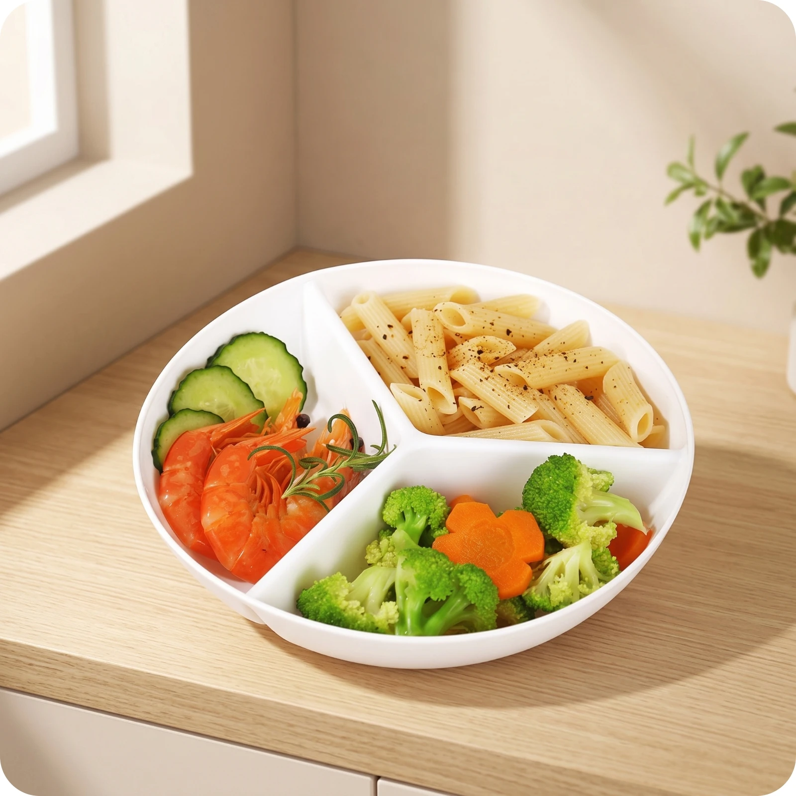 Round 3‑Compartment Steaming Plate Divided Food Tray Household Separated Breakfast Dish for Home Meal Prep Plate