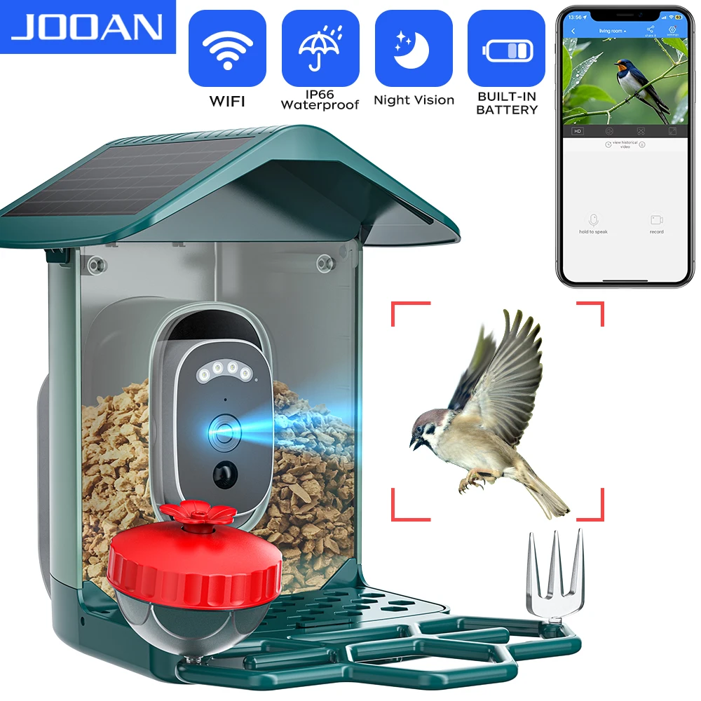

JOOAN 2K HD Bird Smart Feeder with Camera Solar Low Power Night Vision IP66 Waterproof 2.4GWIFI Connect Bird Species Feeder
