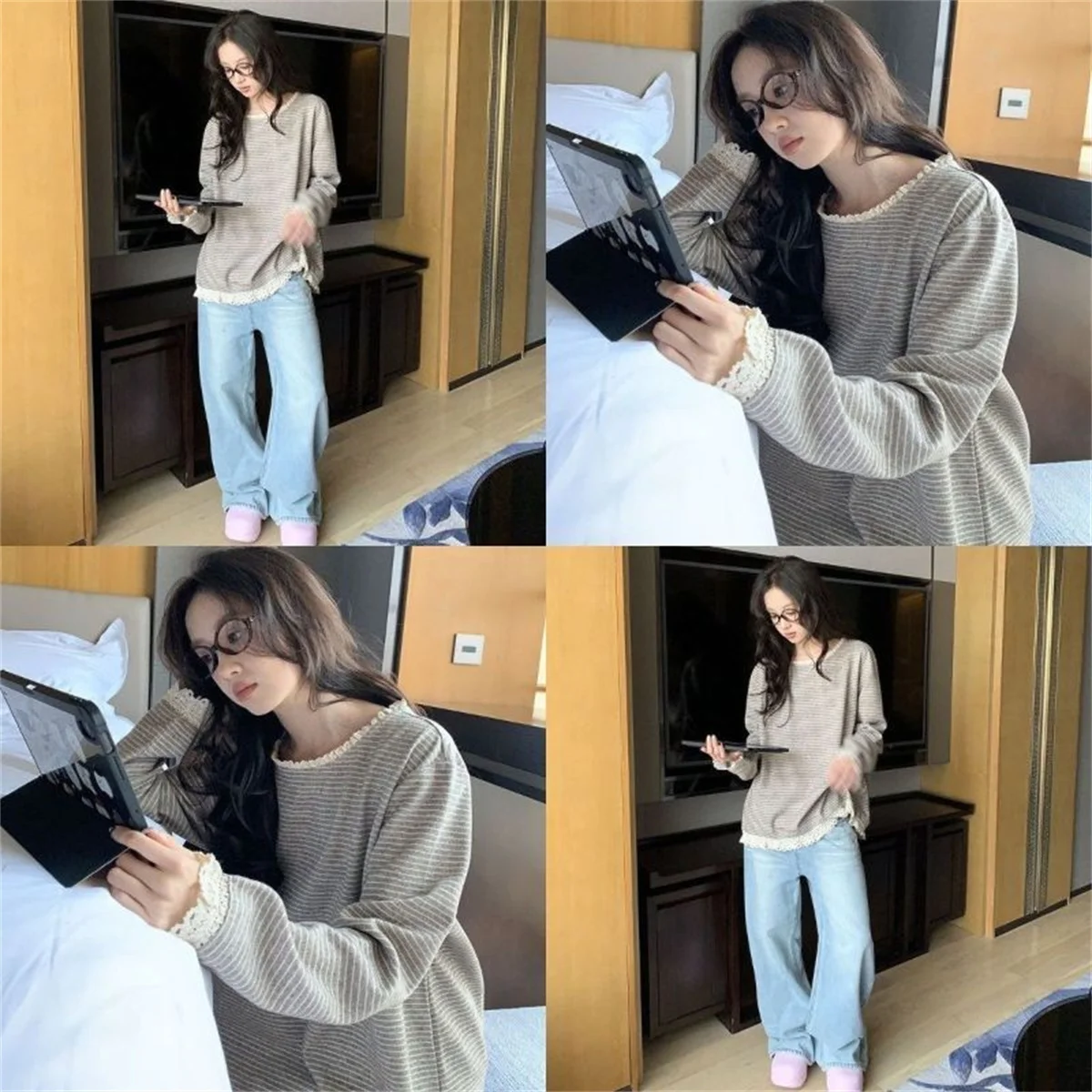 Korean Style Lazy Striped T-shirt Long Sleeved Base Shirt for Women Autumn 2026 Loose Lace Round Neck Slimming Top Female