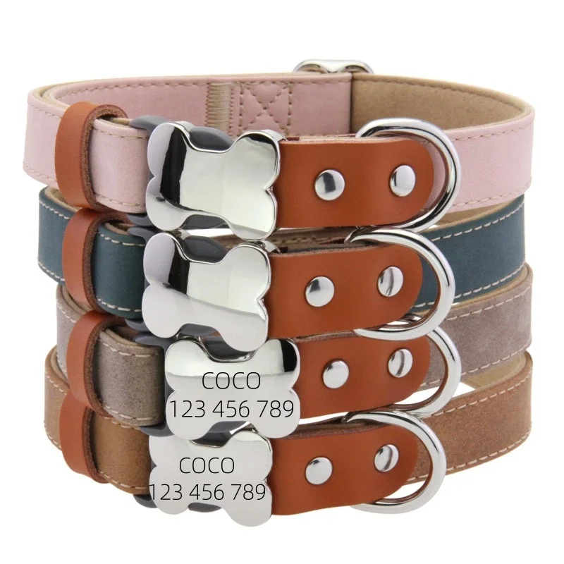 Customized PU Leather Dog Collar Engraved Dog Collars Adjustable Pet Buckle ID Necklace Durable for Small Medium Large Dogs