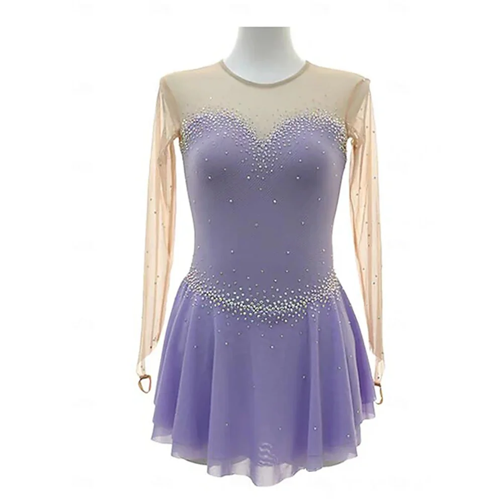 

Figure Skating Dress Girls' Patchwork Thumbhole Mesh Spandex Stretchy Training Practice Professional Skating Long Sleeve