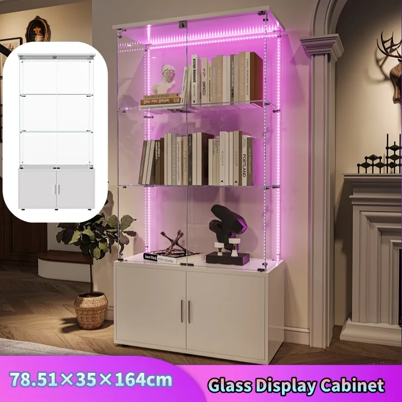 Comanlai vitrine en verre avec éclairage LED, 3 étagères 2 portes verrouillables, en bois et verre pour articles de collectionneurs, livres vin