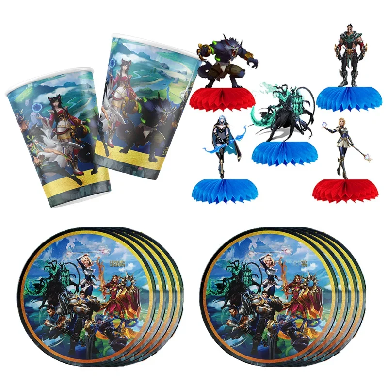 Ensemble de dîner de fête d'anniversaire sur le thème de la ligue des légendes, drapeau, ballon, assiette en papier, tasse en papier, nappe, décorations jetables