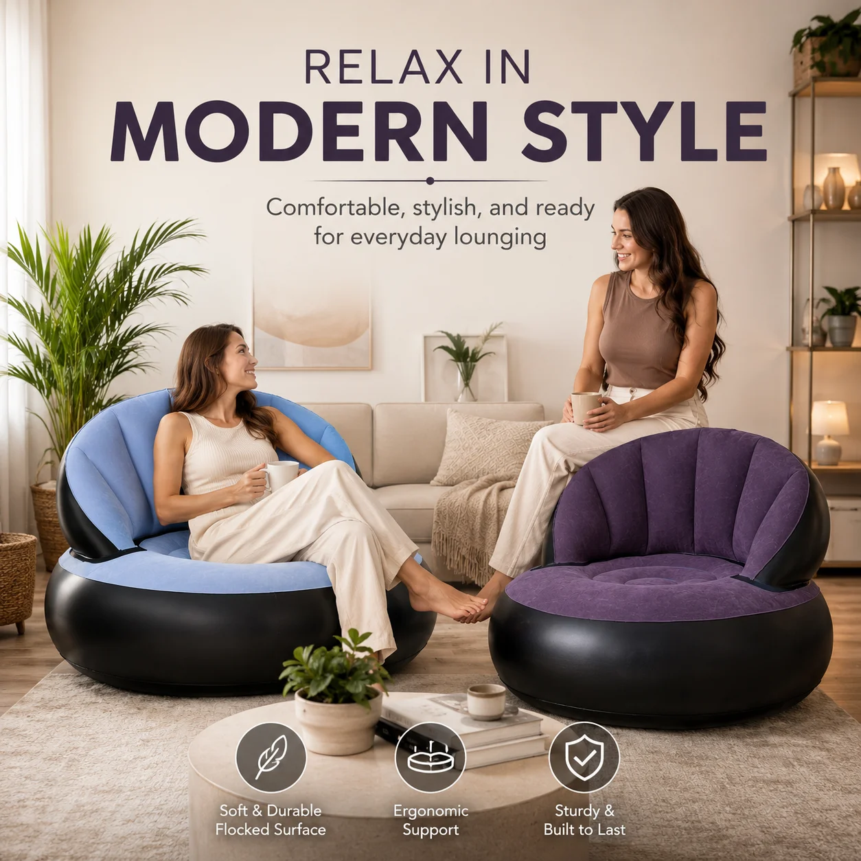 1PC Inflatable Lounge Chair, Air Sofa Rocking Bean Bag Recliner, Flocked Velvet PVC, Quick Inflate Portable Indoor Outdoor Chair