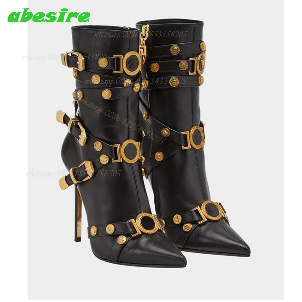 Rivet Gladiator Belt Buckle Boots Pointed Toe Stiletto Heels Mid Calf Boots Winter Luxury 2022 New Designer Sexy Shoes Party