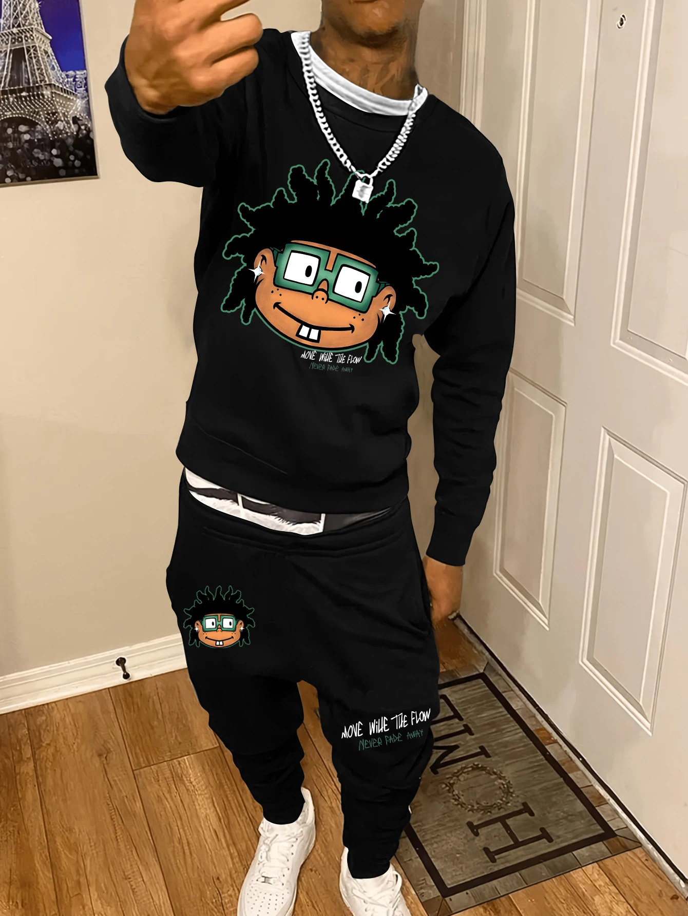 Autumn and Winter Trendy New Sweatshirt Men\'s Loose Casual Fit With Cute Letter Printed Hundred Long Sleeve Sweatshirt Set