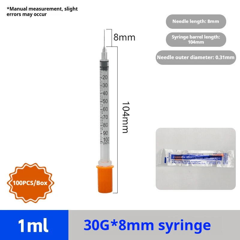 100 Stück 1 ml sterile Einwegspritzen mit 30Ga 8 mm Edelstahlnadel, einzeln verpackt für Labormessgeräte, Tierfütterung – Detail 2