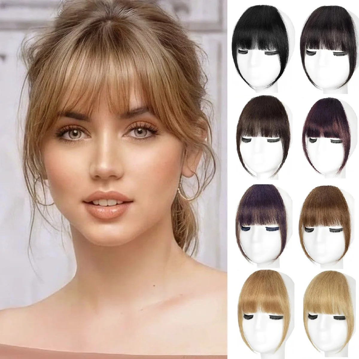 شعر بشري غرة فرنسية مع معابد، إكسسوارات شعر منحنية هامشية، مشبك في الانفجارات الهوائية، قطع شعر كاواي تغيير سريع