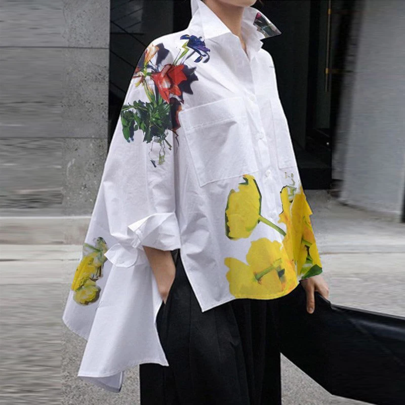 Mulheres blusas soltas brancas camisa 2025 primavera outono alta-baixa mangas compridas impressão bolsos oversize namorados laple topos feminino