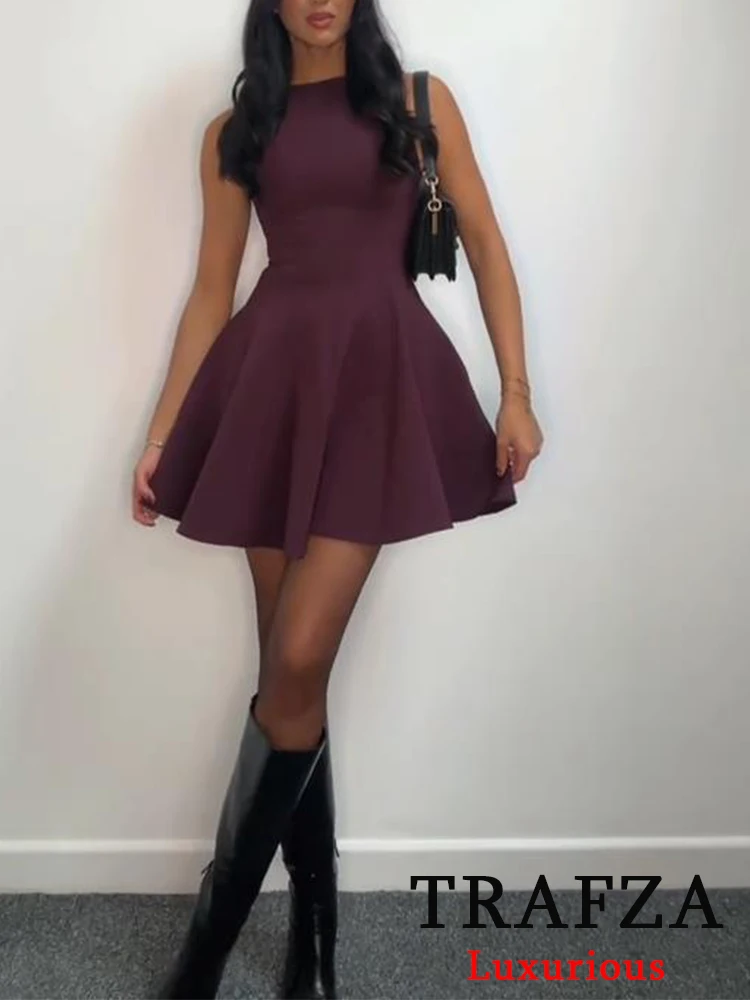 TRAFZA Vintage Casual Chic Women Dress Solid Sleeveless O-Neck Zipper Mini Dress New Fashion 2024 Autumn Winter Female Dress