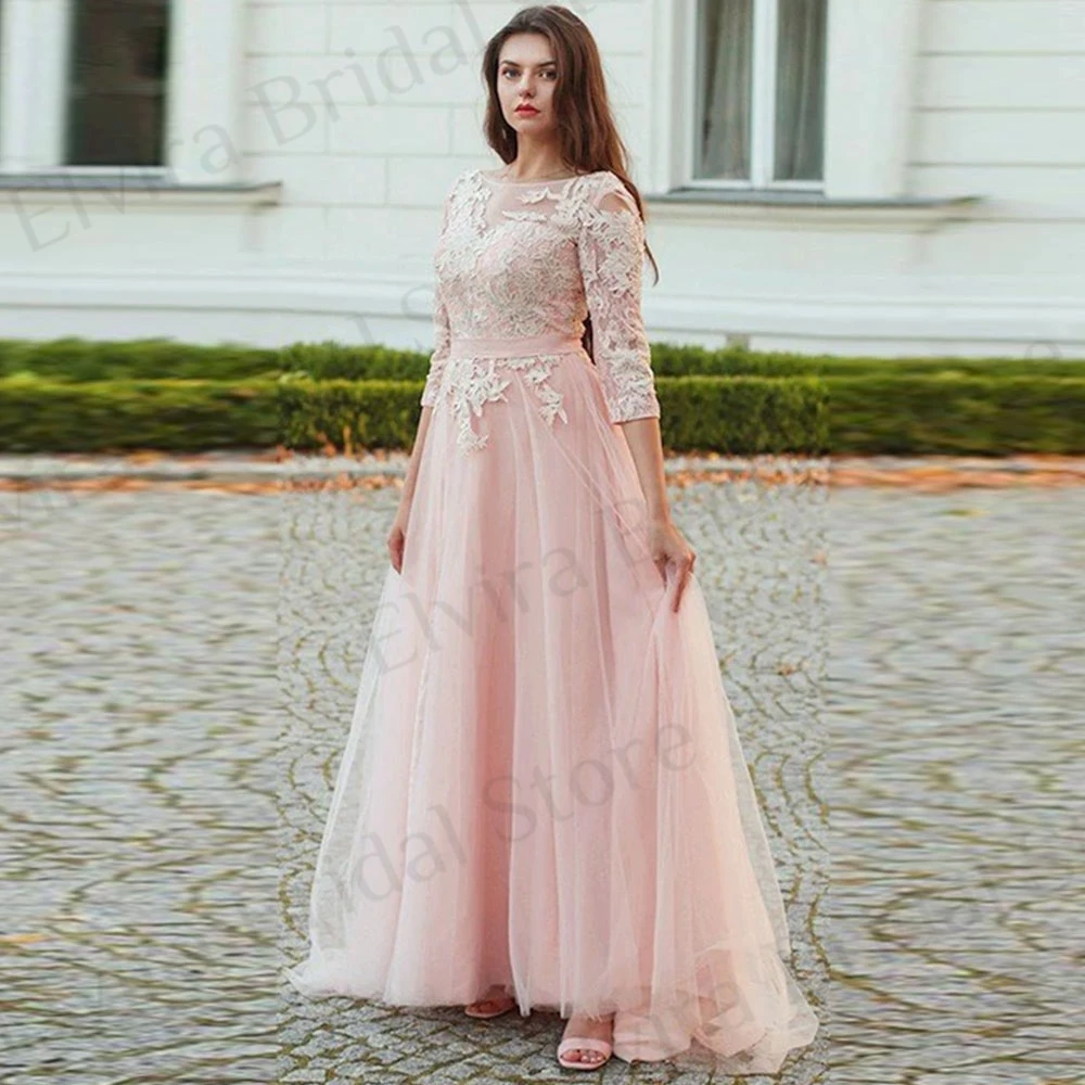 A-Line Three Quarter Sleeve Graduation Dresses Women Sweep Train Backless Applique Lace Pink Tulle Special Occasion Party Gowns