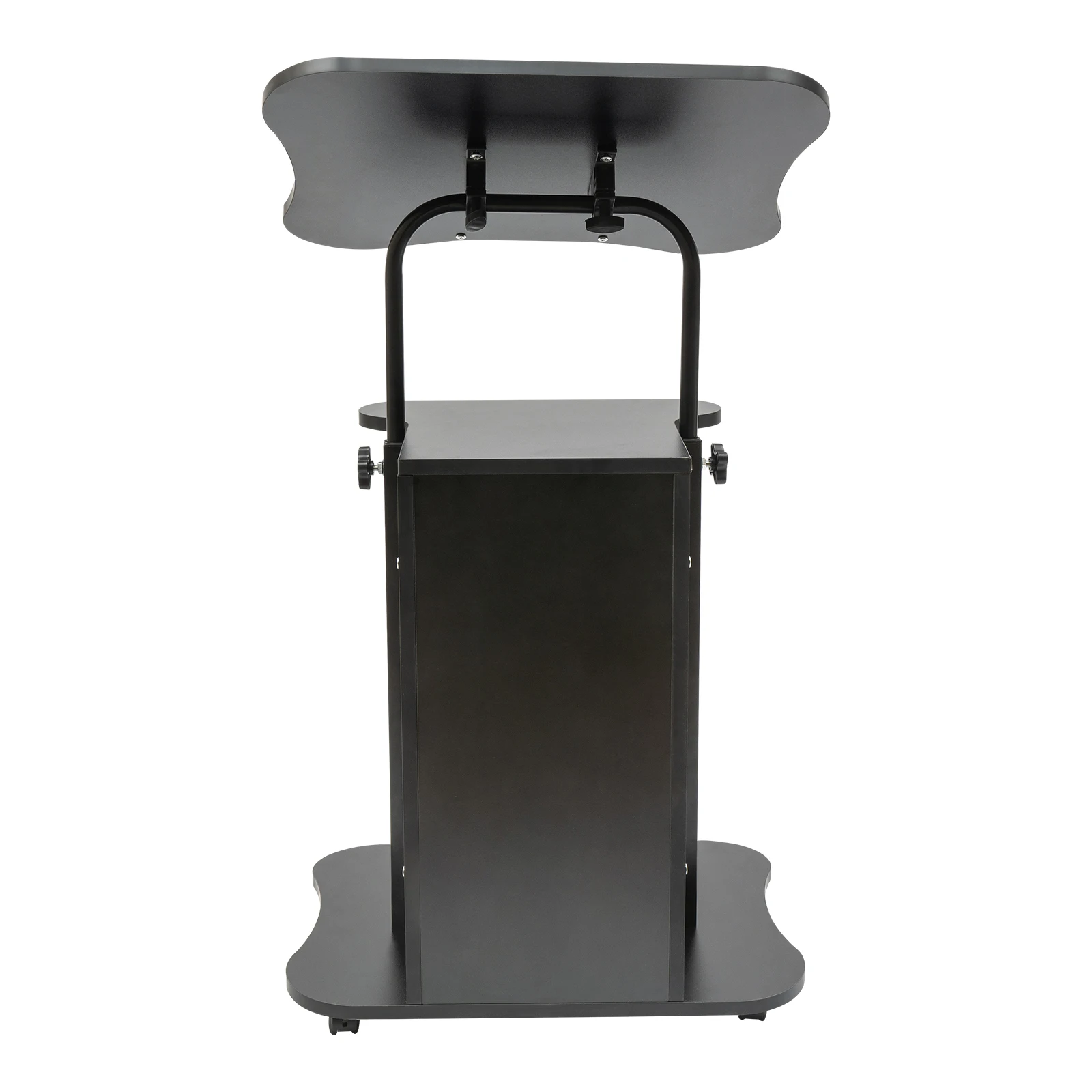 Mobile Laptop Podium, Height Adjustable Sit to Stand Desk with Tilting Desktop & Storage Cabinet, Ergonomic Rolling Lectern Cart