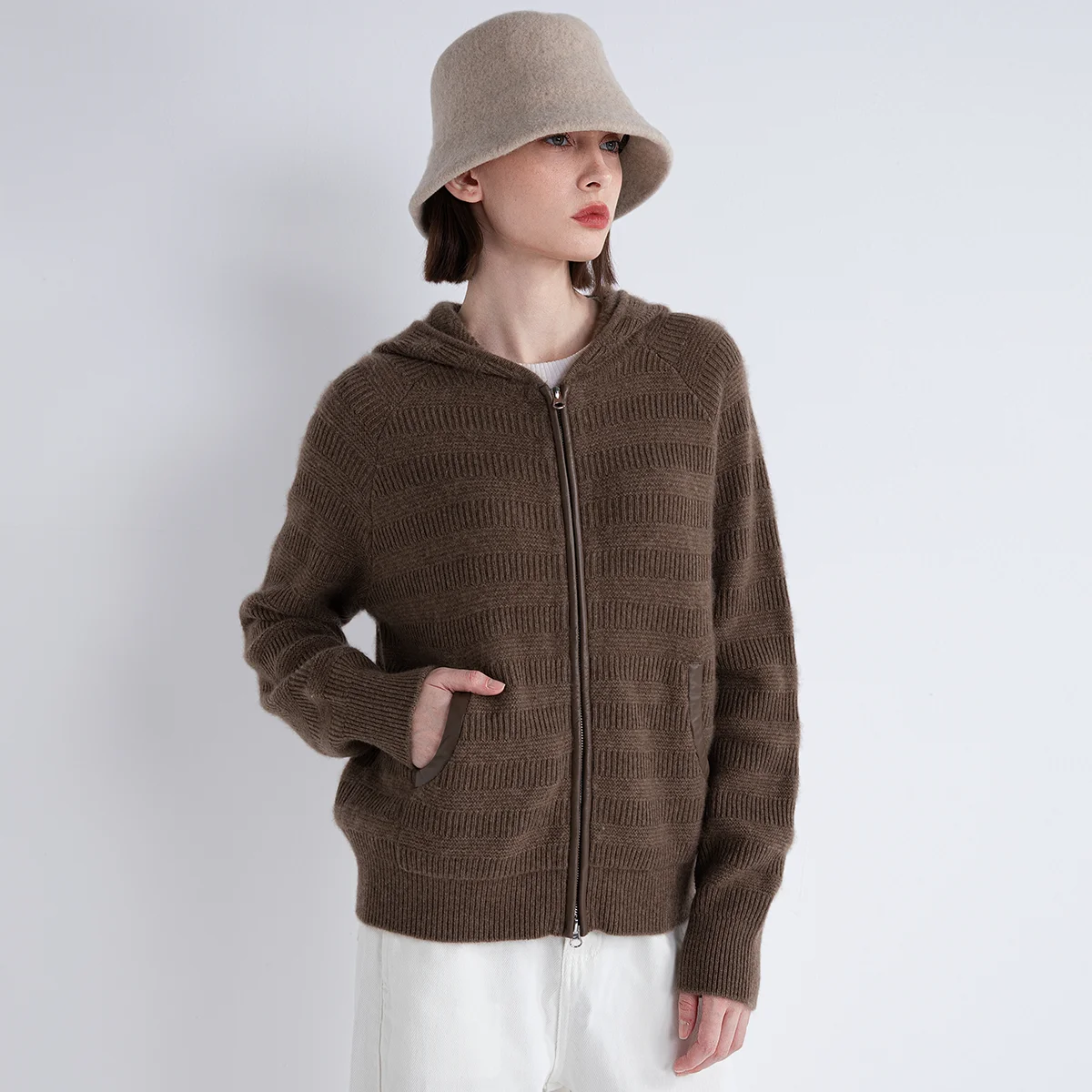 TX852139 Luxury Women’s 100% Cashmere LP Knit Zip Cardigan Soft Sheepskin Trim Premium Fall Winter Outerwear