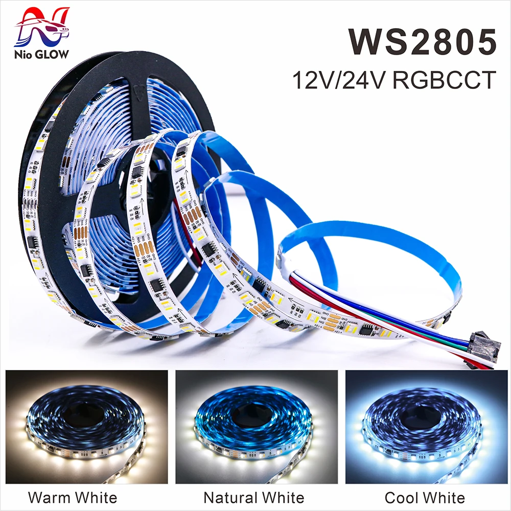 

WS2805 5050 RGBCCT 5 in 1 LED Strip 60Leds/m Addressable LED Lights Dual Signal RGB NW WW CW 3000K-6500K DC12V 24V 1IC Control 3