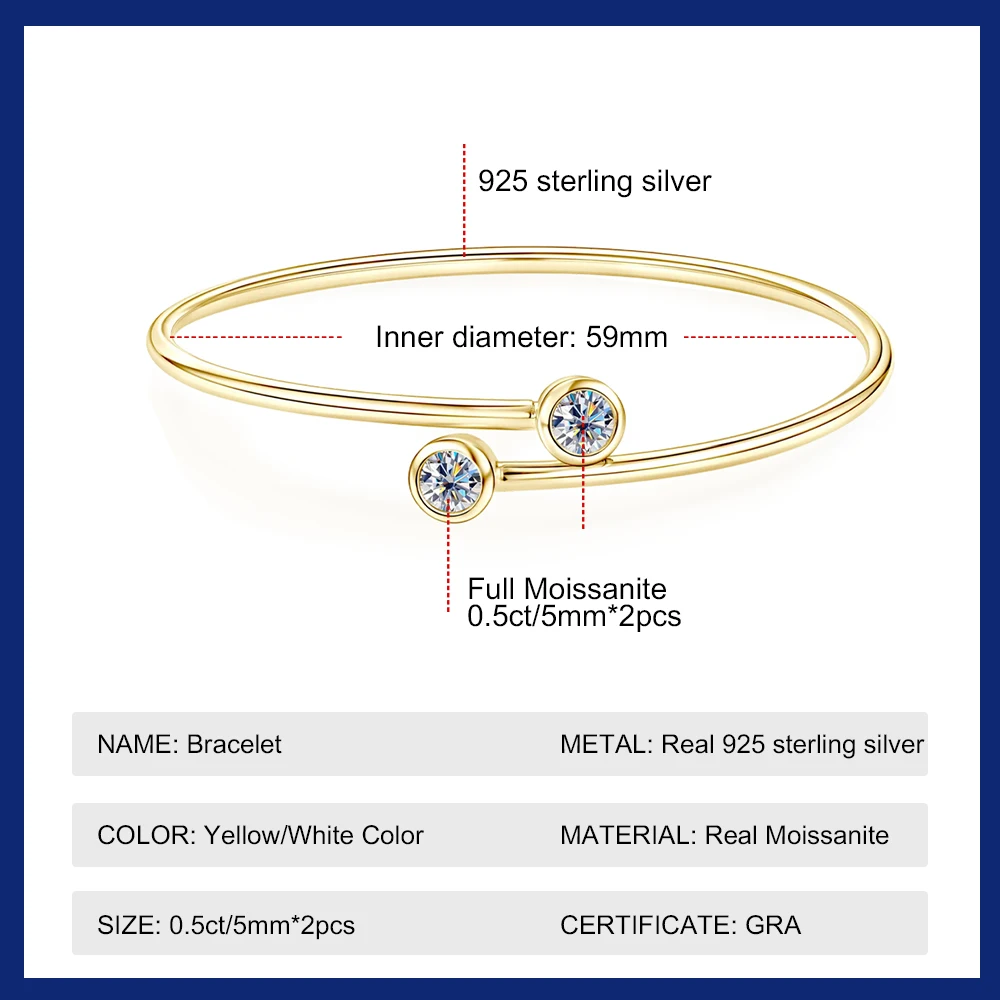 Sweetrain 18K Gold Certified 0.5CT Moissanite Bangle for Women S925 Sterling Silver Classic Bangle Bezel Set Diamond Bracelets