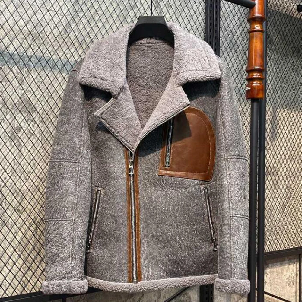 Denny&Dora Mens Shearling Jacket Natural Shearling Leather Coat Air Force Jacket Casual Jacket Grey Color