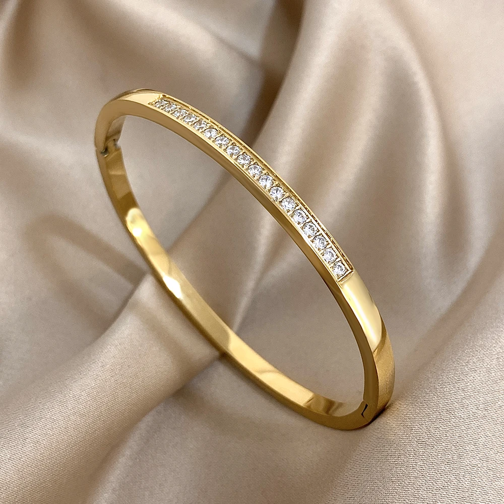 Luxury Shiny Zircon Thin Open Stainless Steel Bangles for Women Waterproof Spring Bangle Cuff Bracelet Hand Jewelry Accessories