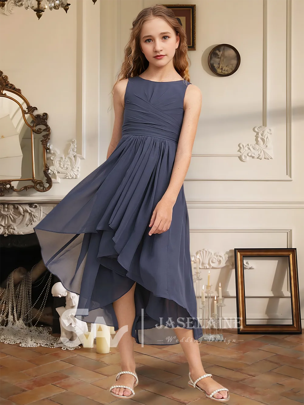 Elegantes A-Linie U-Ausschnitt, asymmetrisches Chiffon-Kleid für junge Brautjungfern, Blumenmädchenkleid für Mädchen, Party, Hochzeit, formell, besondere Anlässe
