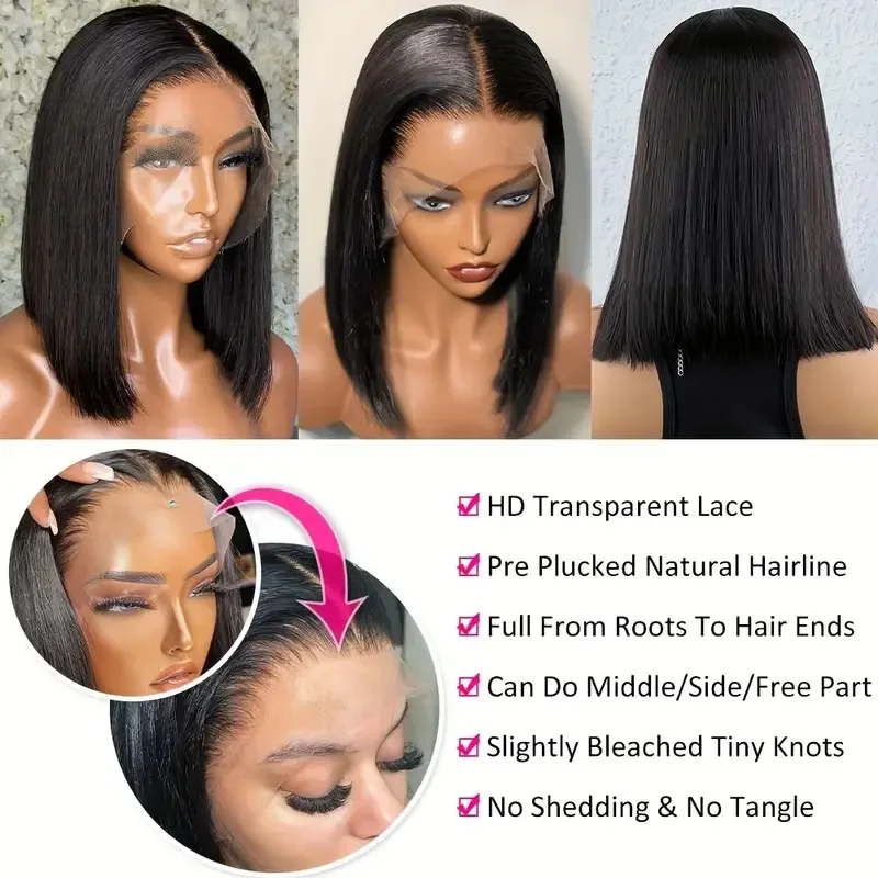 Perruque Bob Lace Front Wig naturelle brésilienne lisse, cheveux vierges, 13x4, pre-plucked, densité 150, document naturel