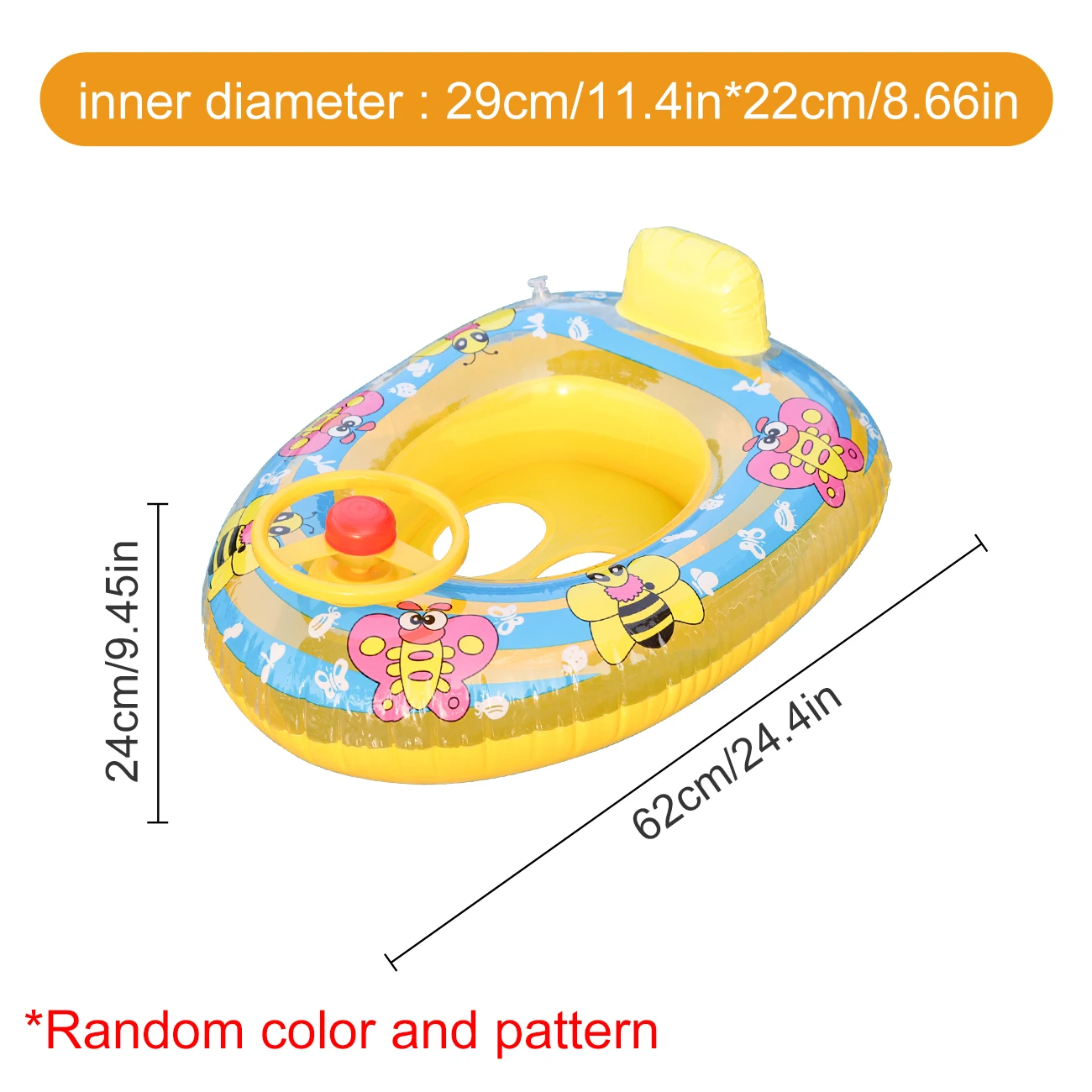 1PC Inflatable Pool Float Seat with Steering Wheel and Leg Holes, Bee Print Swimming Ring for Pool Beach Water Fun