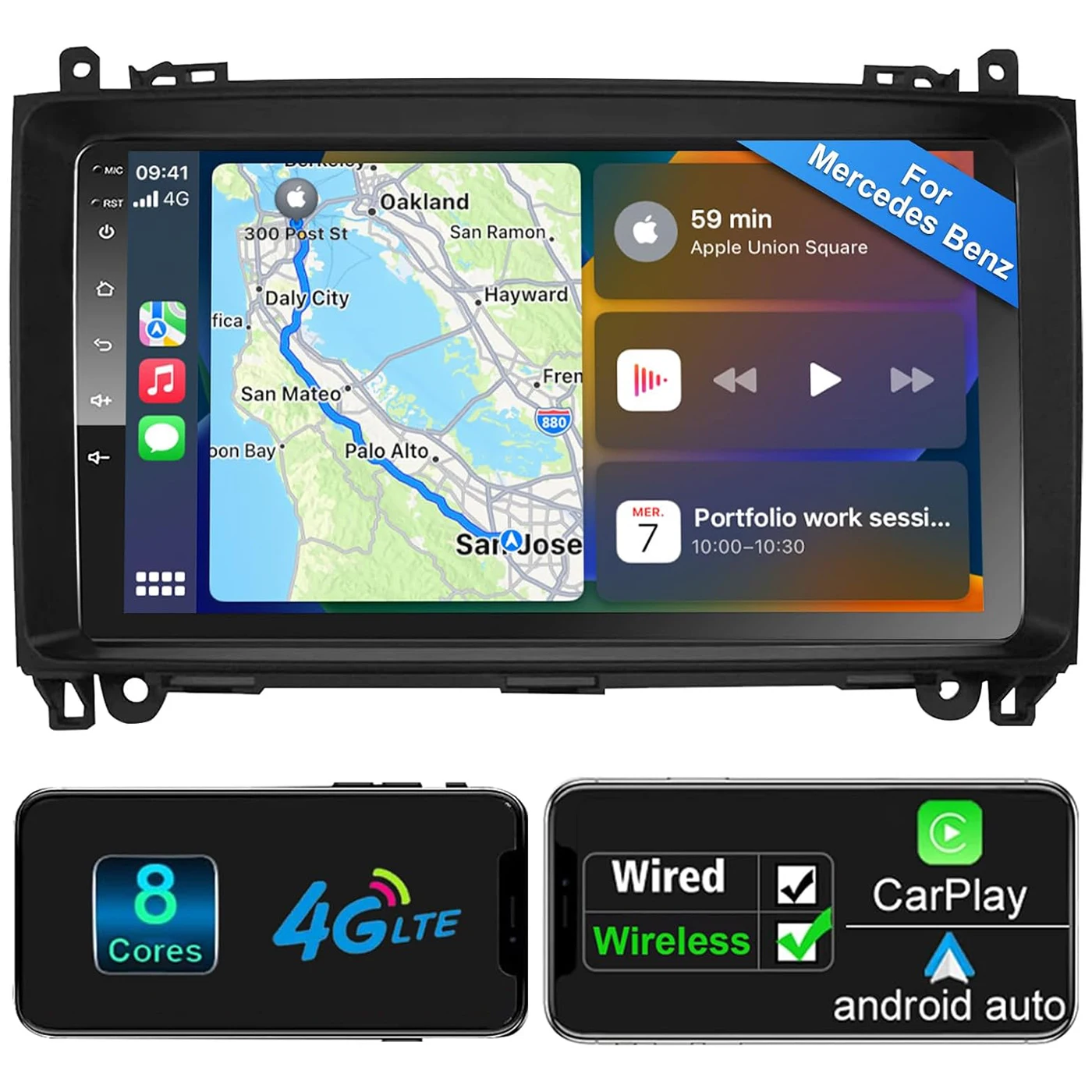 Autoradio sans fil CarPlay et Android Auto pour Mercedes-Benz Classe A W169, Classe B W245, Viano/Vito W639 et Sprinter ; Processeur 8 cœurs, 2 Go de RAM + 32 Go de stockage, Navigation 9 pouces avec GPS, 4G, Wi-Fi et RDS