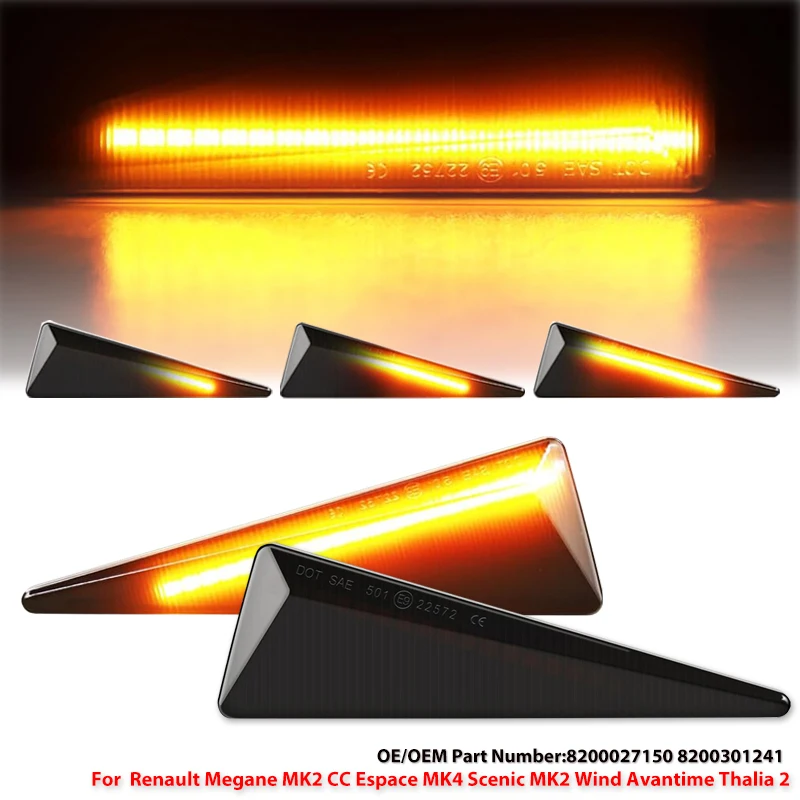 Lampes de répéteur dynamiques, feu de position latéral LED pour Renault Megane 2 CC/Vel Satis/vent/vantime/Grand Scenic 2/Espace 4/Thalia, 2 pièces
