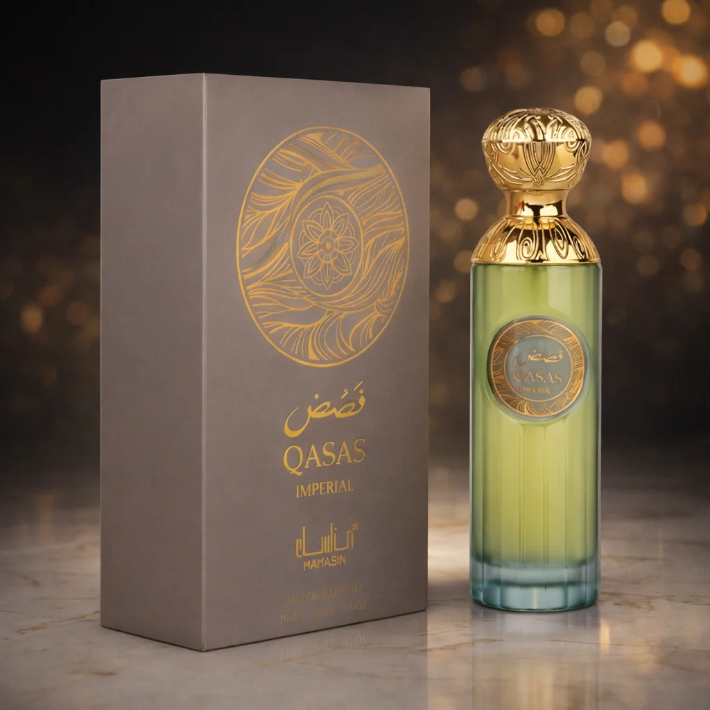 Parfum Qasas Imperial 100 ml - Manasik. Parfum oriental majestueux et élégant avec des touches aromatiques herbacées, des nuances épicées, de délicates notes florales et une base boisée.