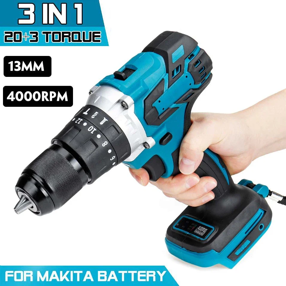 3 in 1 Brushless Electric Screwdriver Hammer Drill 13mm 20+3 Torque Cordless Impact Drill for Makita 18V Battery Power Tools